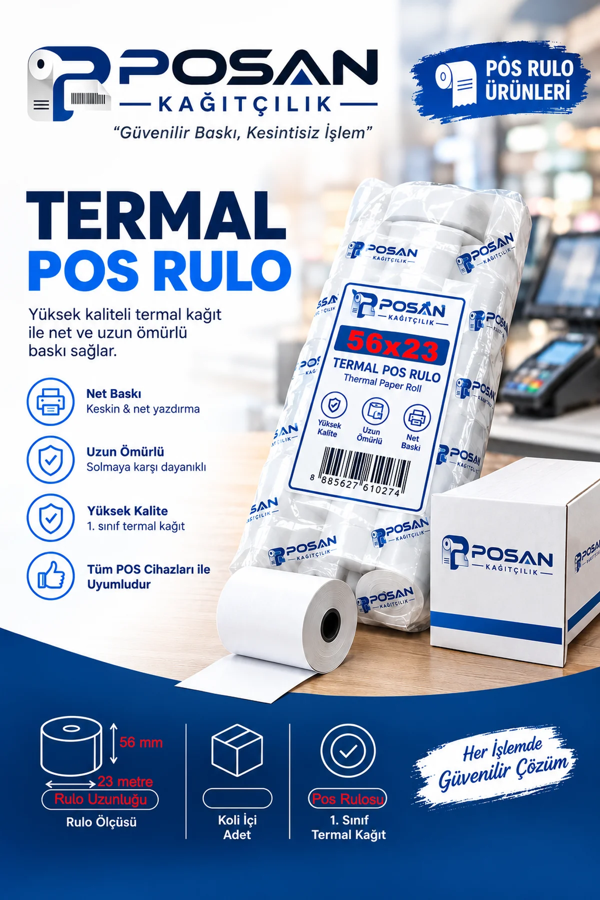 56x23 Termal Pos Kağıdı Rulosu 10'lu-Paket - Tüm Pos Cihazlara Uyumlu