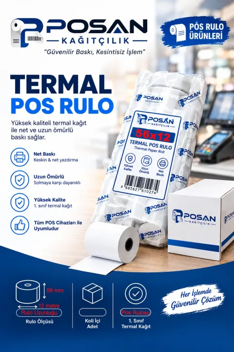 56x12 Termal Pos Kağıdı Rulosu 10'lu-Paket - Tüm Pos Cihazlara Uyumlu