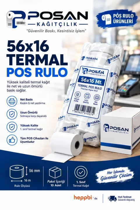 POSAN 56x16 Termal Pos Kağıdı Rulosu 10'lu-Paket - Tüm Pos Cihazlara Uyumlu