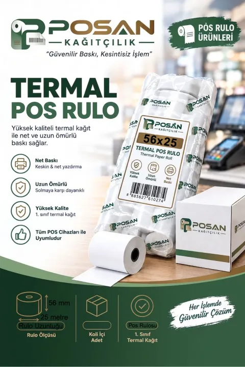 56x25 Termal Pos Kağıdı Rulosu 10'lu-Paket - Tüm Pos Cihazlara Uyumlu