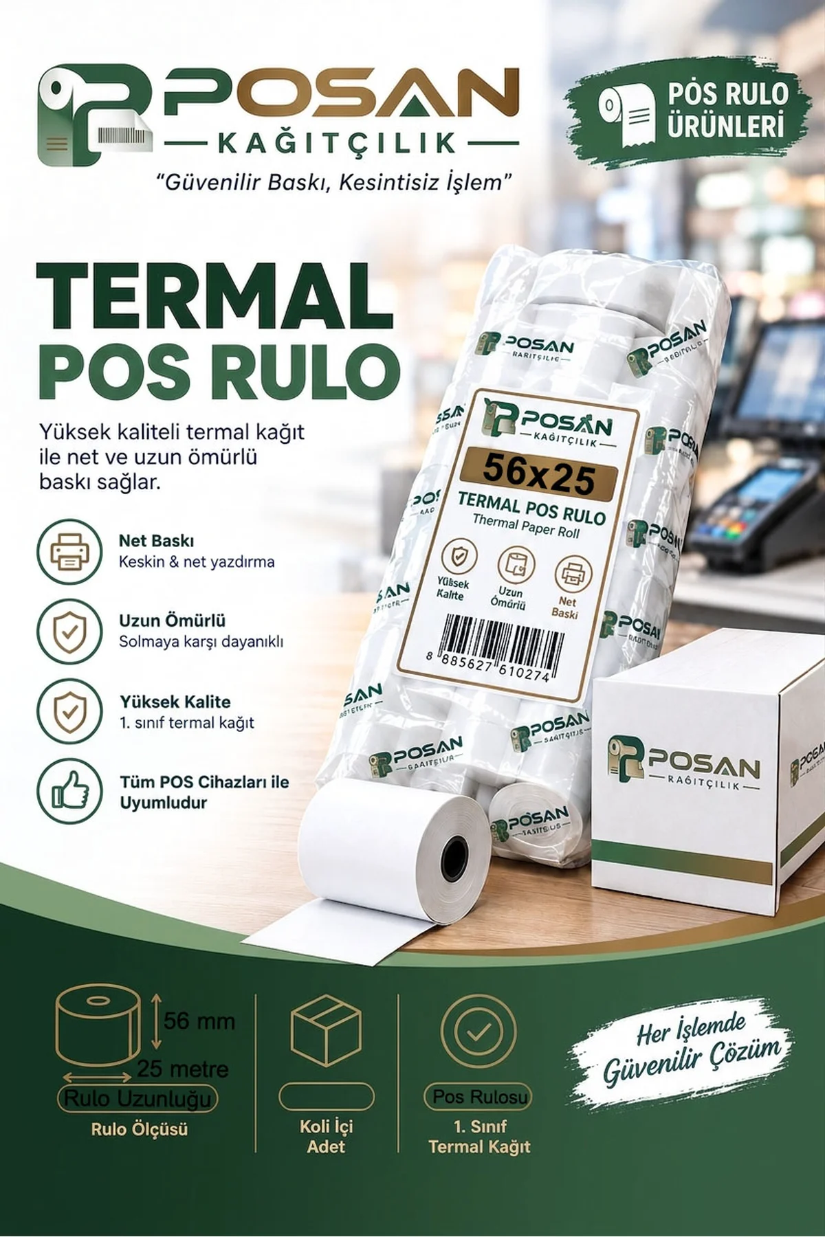 56x25 Termal Pos Kağıdı Rulosu 10'lu-Paket - Tüm Pos Cihazlara Uyumlu